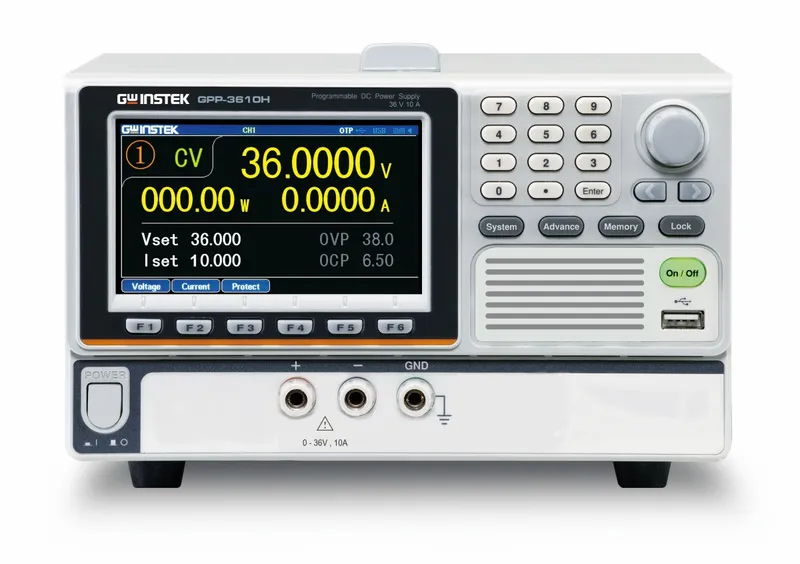 GW Instek GPP-7250 programmable DC power supply used as a battery and state-of-charge emulator on the EV charger test bench, available in India from GSAS Micro Systems