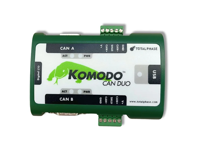 Total Phase Komodo CAN Duo top view: dual CAN A and CAN B channels with DB9 and pluggable terminal-block connectors, USB and Digital I/O, available in India from GSAS Micro Systems
