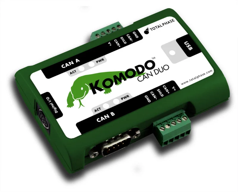 Total Phase Komodo CAN Duo two-channel CAN interface used as a vehicle BMS emulator: issues Slow/Fast charge commands and reads charger acknowledgements over CAN, available in India from GSAS Micro Systems