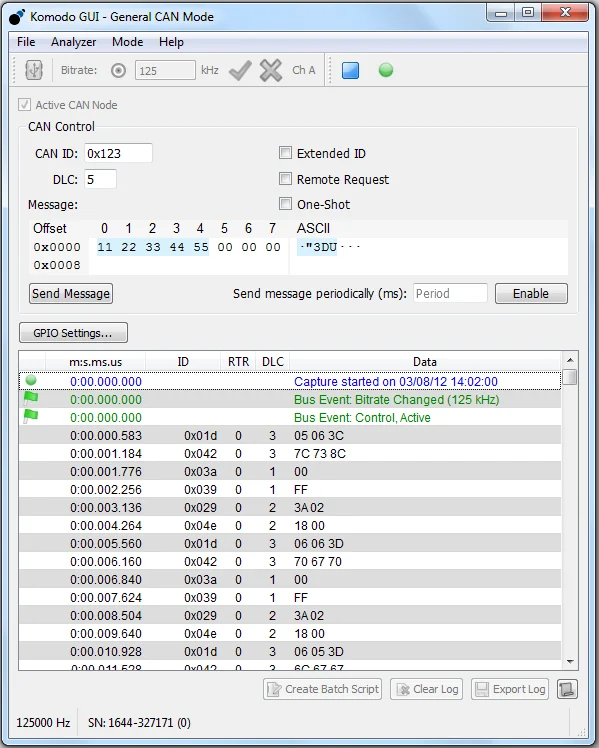 Total Phase Komodo GUI in General CAN Mode: CAN ID, DLC and message bytes with a live frame log of timestamps, IDs, DLC and data, available in India from GSAS Micro Systems