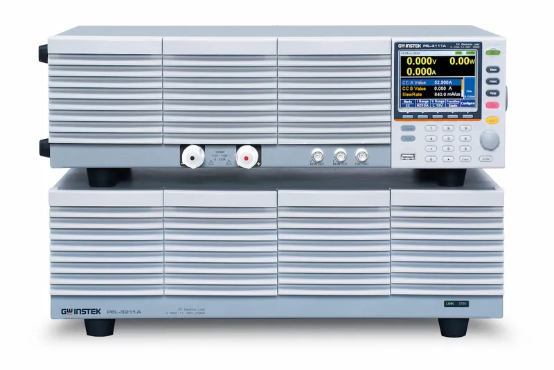 GW Instek PEL-3111AH programmable DC electronic load: sinks the EV charger's DC output current in constant-current mode for automated charge-current verification, available in India from GSAS Micro Systems