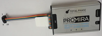 Promira Serial Platform, 10-pin ribbon cable connector orientation for I2C/SPI target connection