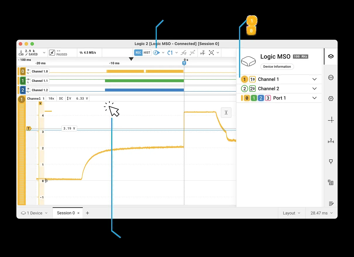 Logic 2 software capturing an analog rail alongside digital channels in real time, the same software experience on every current Saleae device, available in India from GSAS