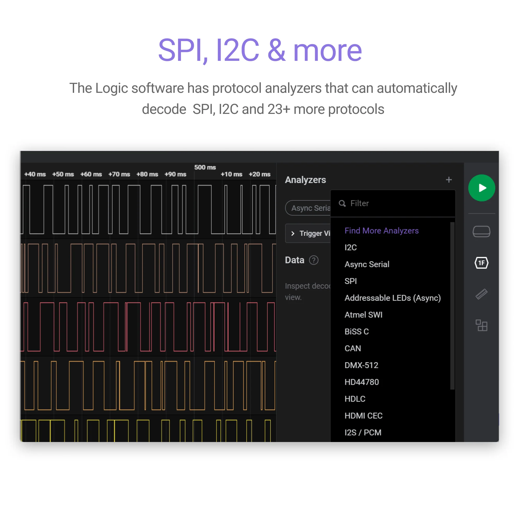 Logic 2 protocol analyzer marketplace, instant pickers for I²C, Async Serial, SPI, Addressable LEDs, Atmel SWI, BiSS C, CAN, DMX-512, HD44780, HDLC, HDMI CEC, I²S/PCM and dozens more, available in India from GSAS