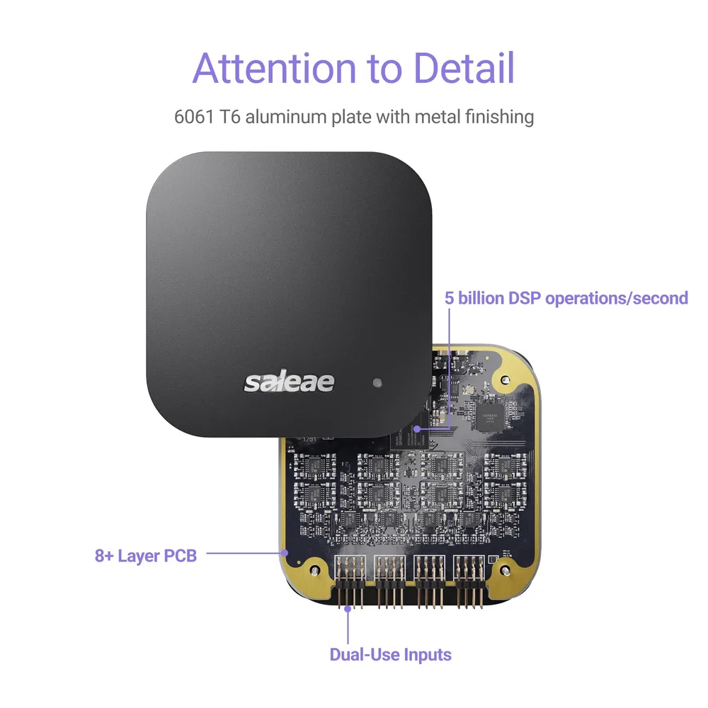 Saleae Logic Pro 16 exploded view, 8+ layer PCB, 5 billion DSP operations/second, dual-use mixed-signal inputs, 6061 T6 aluminum chassis, engineering depth that matters for Indian Tier-1 ECU validation teams