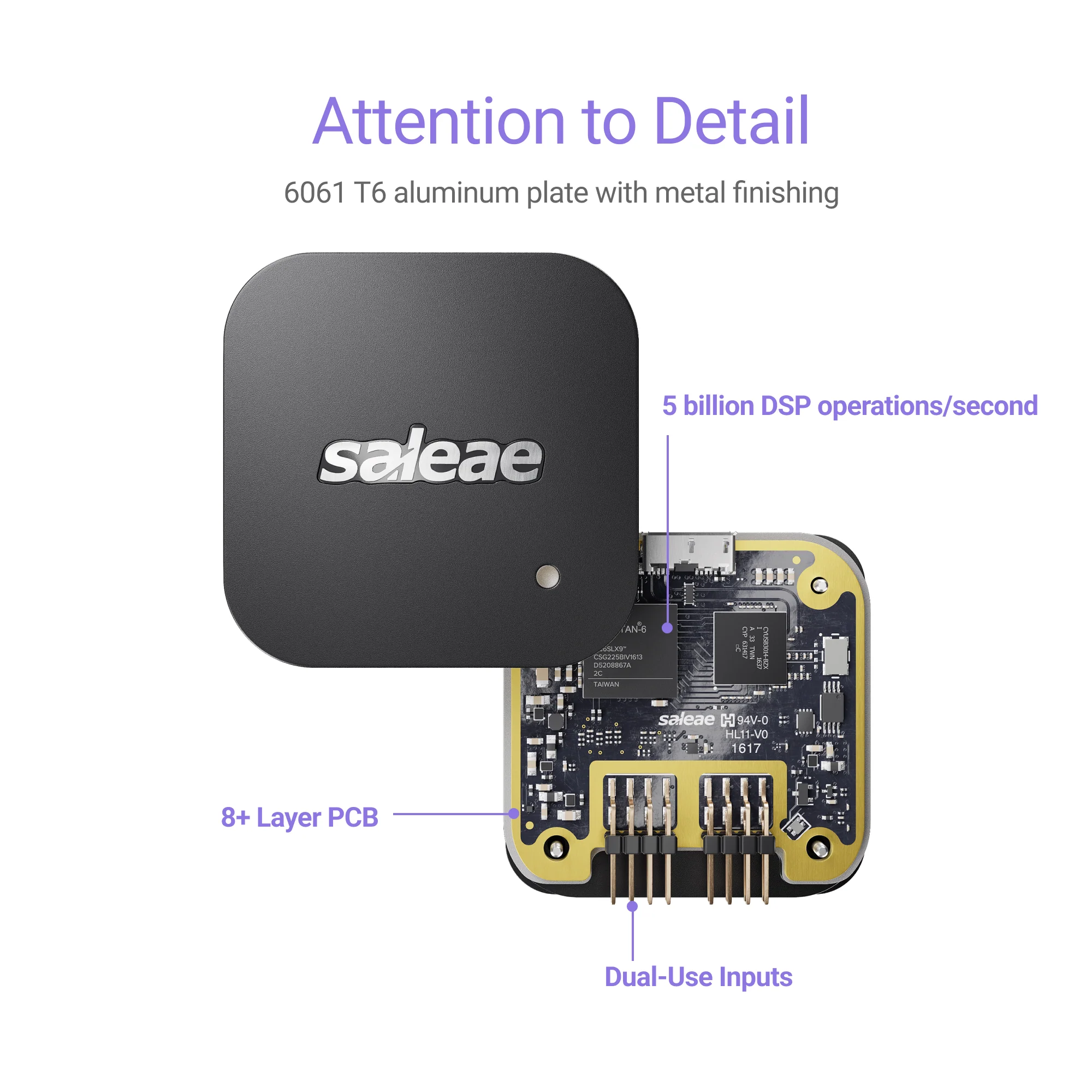 Saleae Logic Pro 8 exploded view, 8+ layer PCB, 5 billion DSP operations/second, dual-use mixed-signal inputs, 6061 T6 aluminum chassis, engineering depth for Indian sensor module bring-up and medical device debug teams