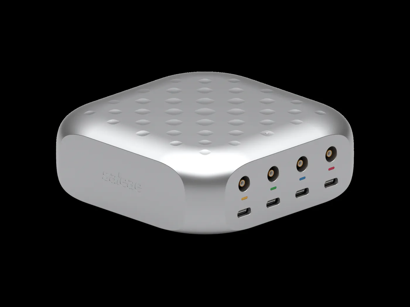Saleae Logic MSO top view, four SMB analog inputs at 200 MHz, digital probe ports on the sides, USB-C 3.0 host, available in India from GSAS