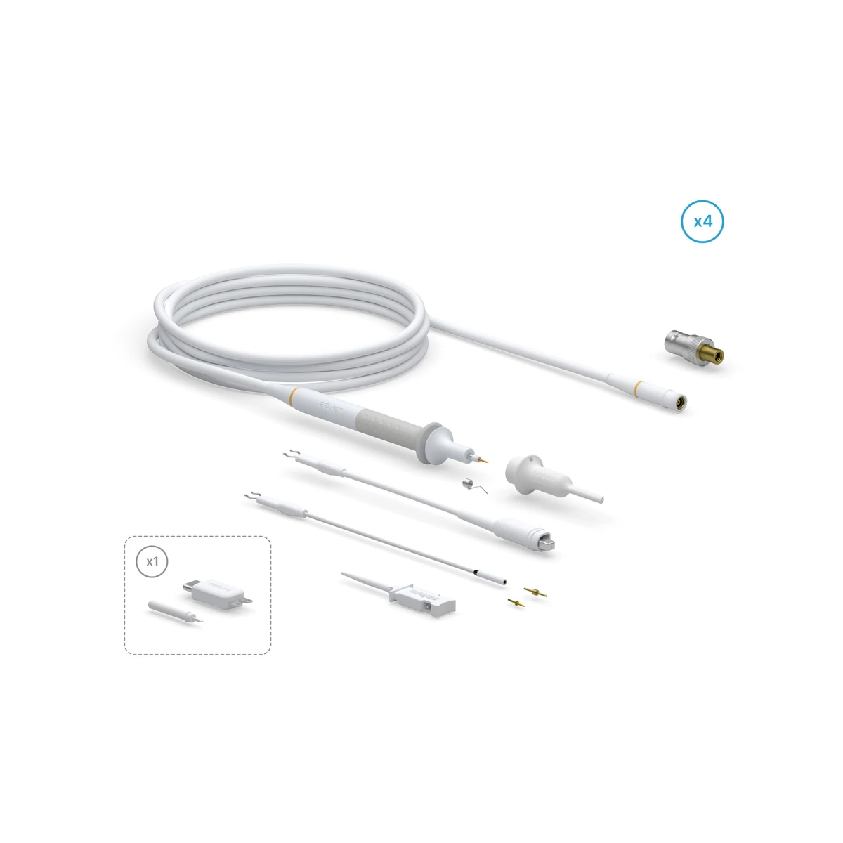 Saleae Logic MSO 4×100 in-box contents, four analog probes plus two 4-channel digital probes (expandable to 20 channels), available in India from GSAS