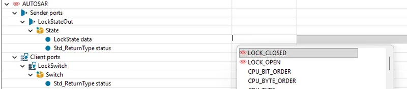 TESSY 6 offering AUTOSAR constants such as LOCK_CLOSED and LOCK_OPEN as test data in the auto-completion menu