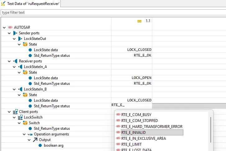 TESSY 6 test data editor showing AUTOSAR sender, receiver and client ports with RTE return-status autocompletion