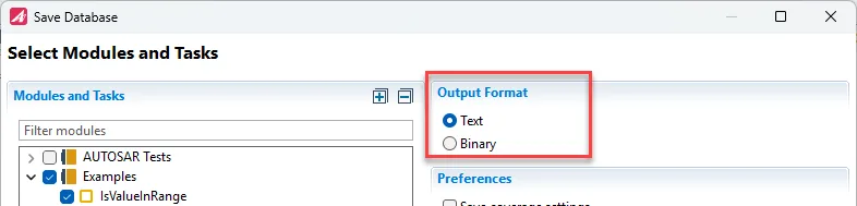 TESSY 6 Save Database dialog offering Text or Binary output format for the test database backup