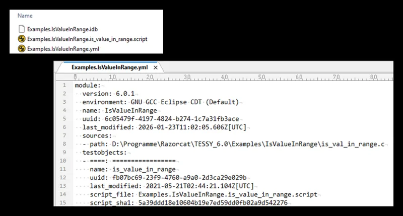 TESSY 6 YAML backup file showing module version, environment, source path and per-test-object metadata as readable ASCII